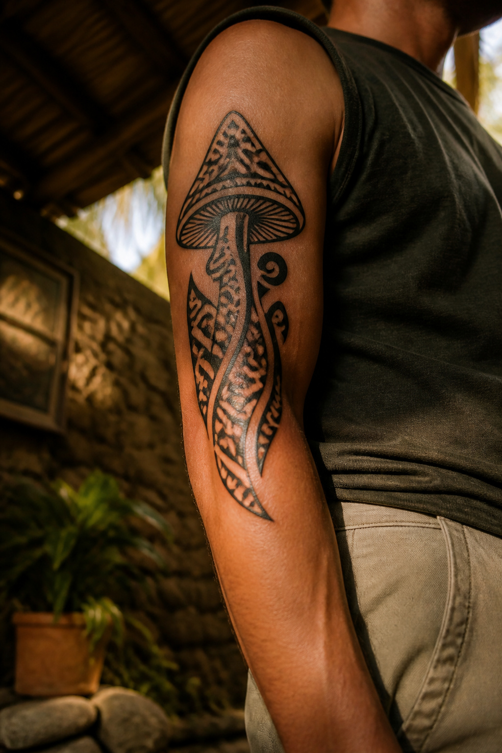 Tribal mushroom tattoo with thick black silhouettes.