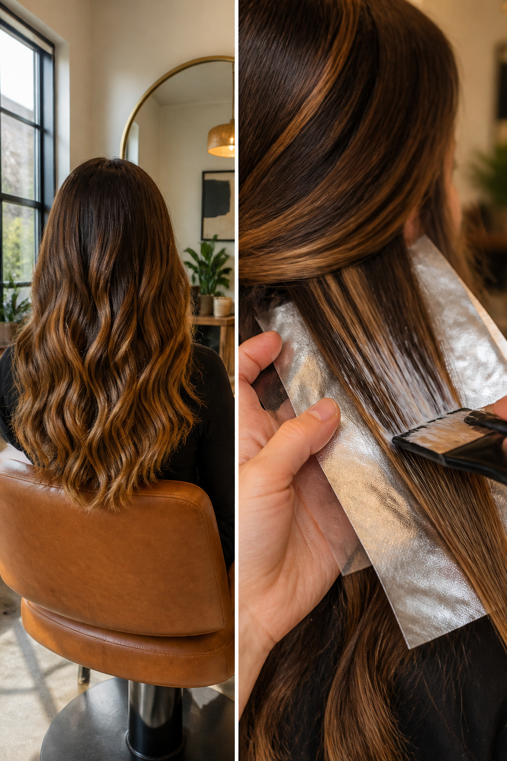 A model with balayage and face-framing highlights in brown hair.