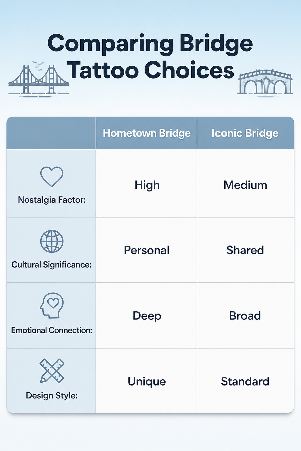 Graphic titled 'Comparing Bridge Tattoo Choices' showing different bridge tattoos.