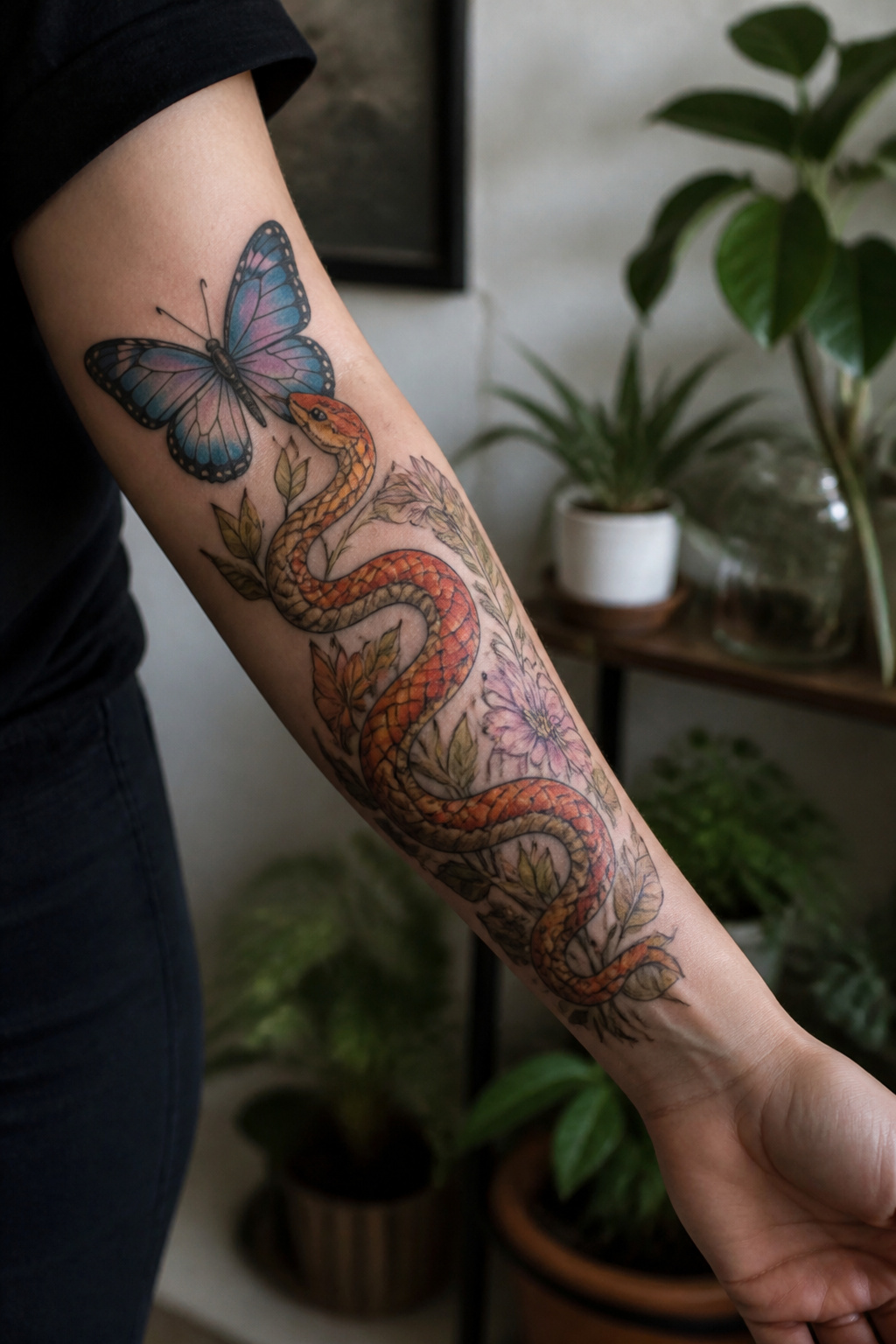 Corn snake and butterfly tattoo.