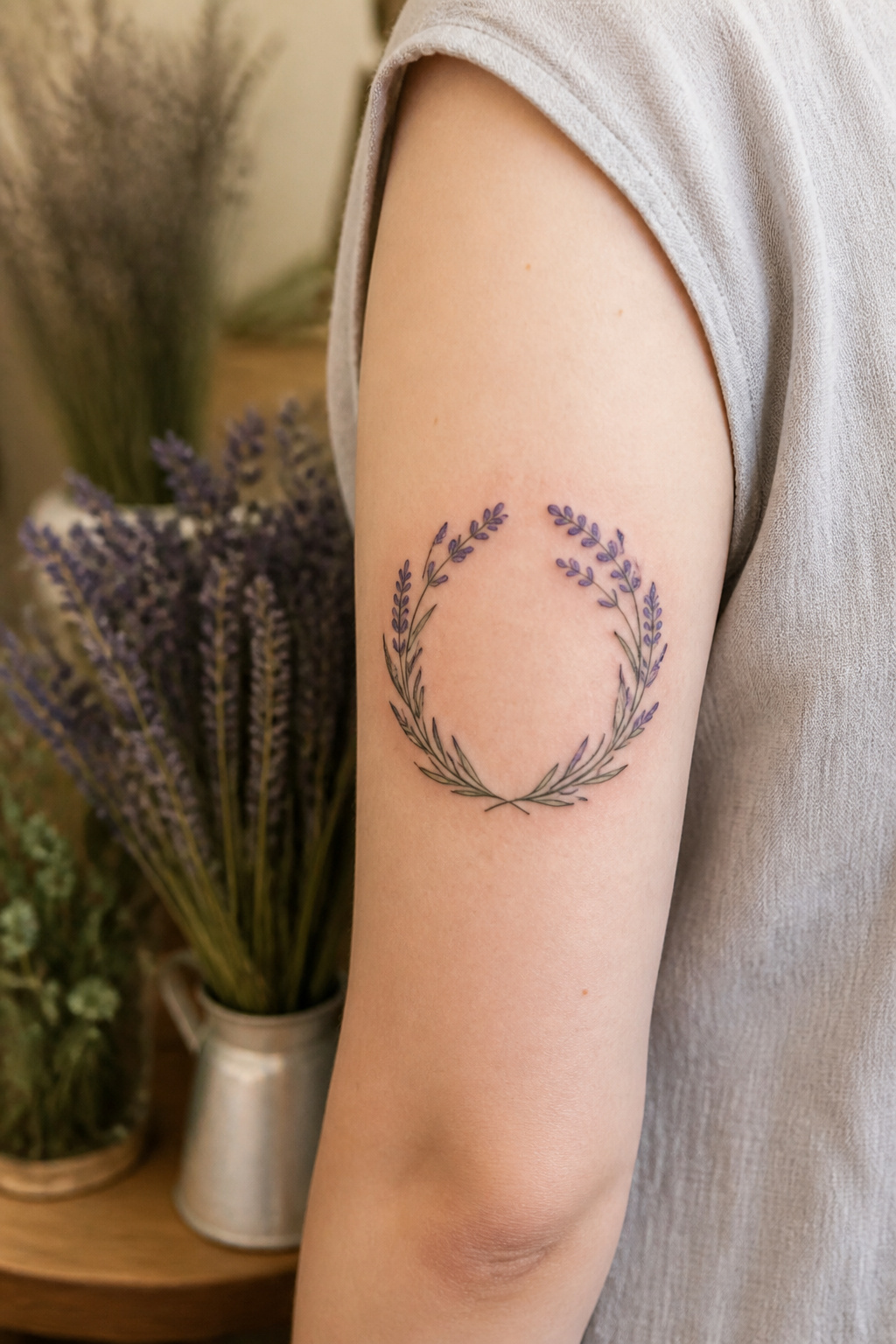A circular lavender wreath tattoo on an upper arm.