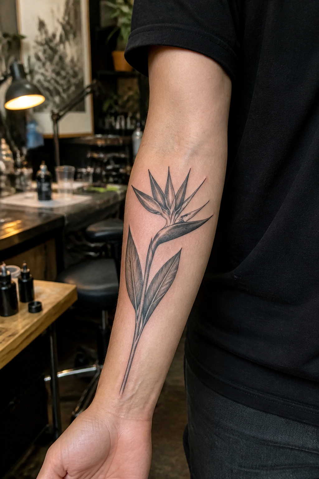 Bird of Paradise Tattoo: Meaning, Styles and Placement 10 Black and white tattoo of a bird of paradise with detailed shading.