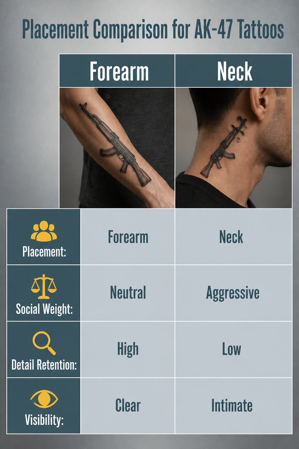Image comparing different placements for AK-47 tattoos.