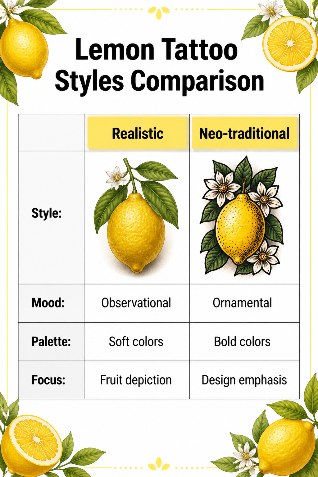 Lemon Tattoo Designs, Meanings, Styles & 2026 Placement Guide 10 A comparison of different lemon tattoo styles displayed visually.