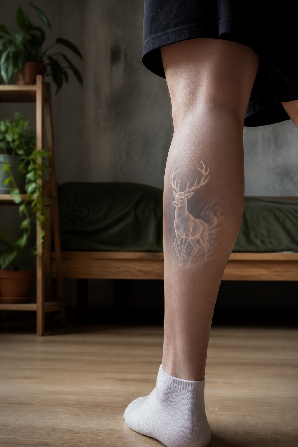 Tattoo of a stag Patronus mid-charge.