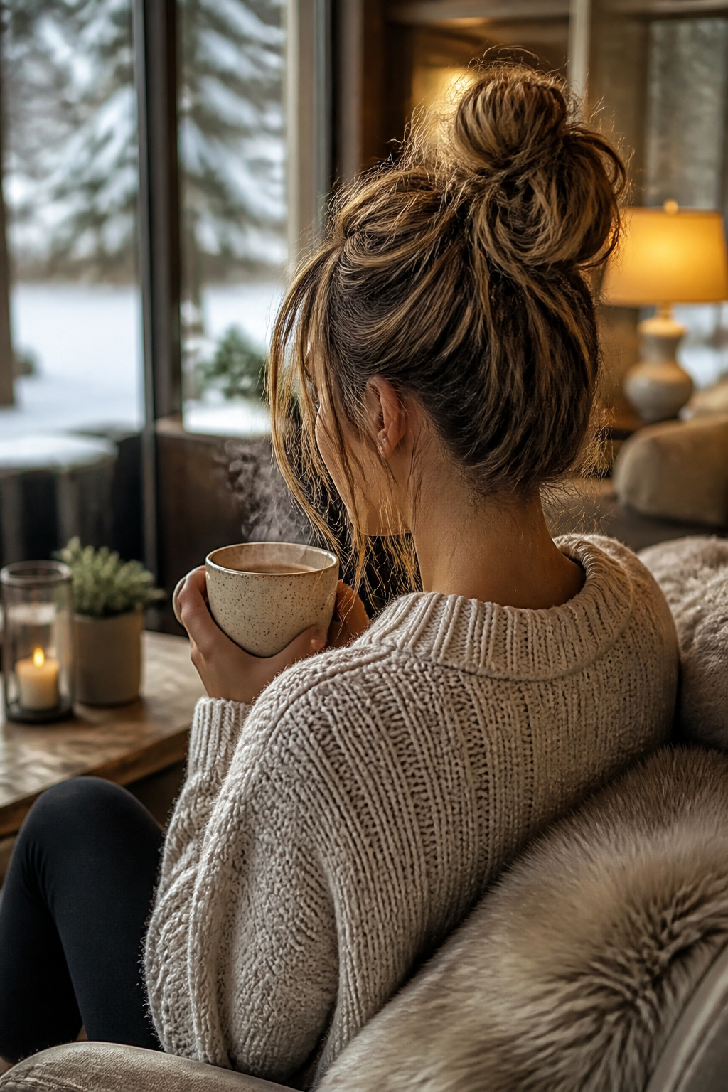 20 Fantastic Winter Hair Designs for 2026 10 Model with a casual messy top knot hairstyle.