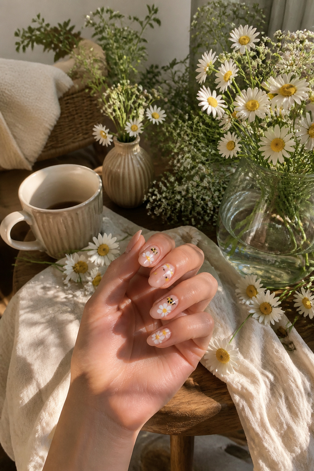 Nails with white daisies and small bees on a nude or soft pink base.