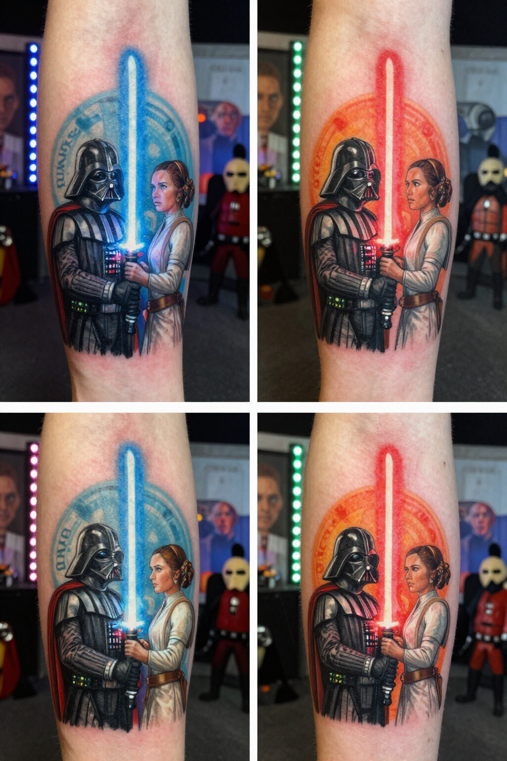 Tattoo featuring Darth Vader and Princess Leia with a lightsaber.