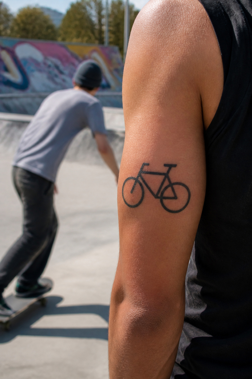 Bike Life Tattoo Ideas: 37 Designs for Cyclists in 2026 11 Bold graphic-style bike tattoo on an upper arm.
