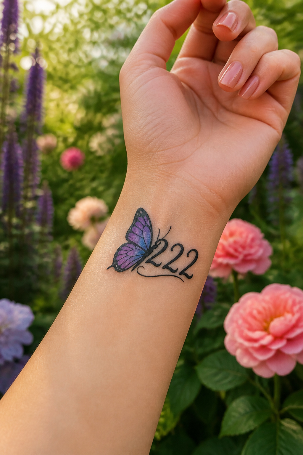 17 222 Tattoo Ideas and Meanings for 2026 11 A tattoo of a butterfly combined with the numerals '222'.