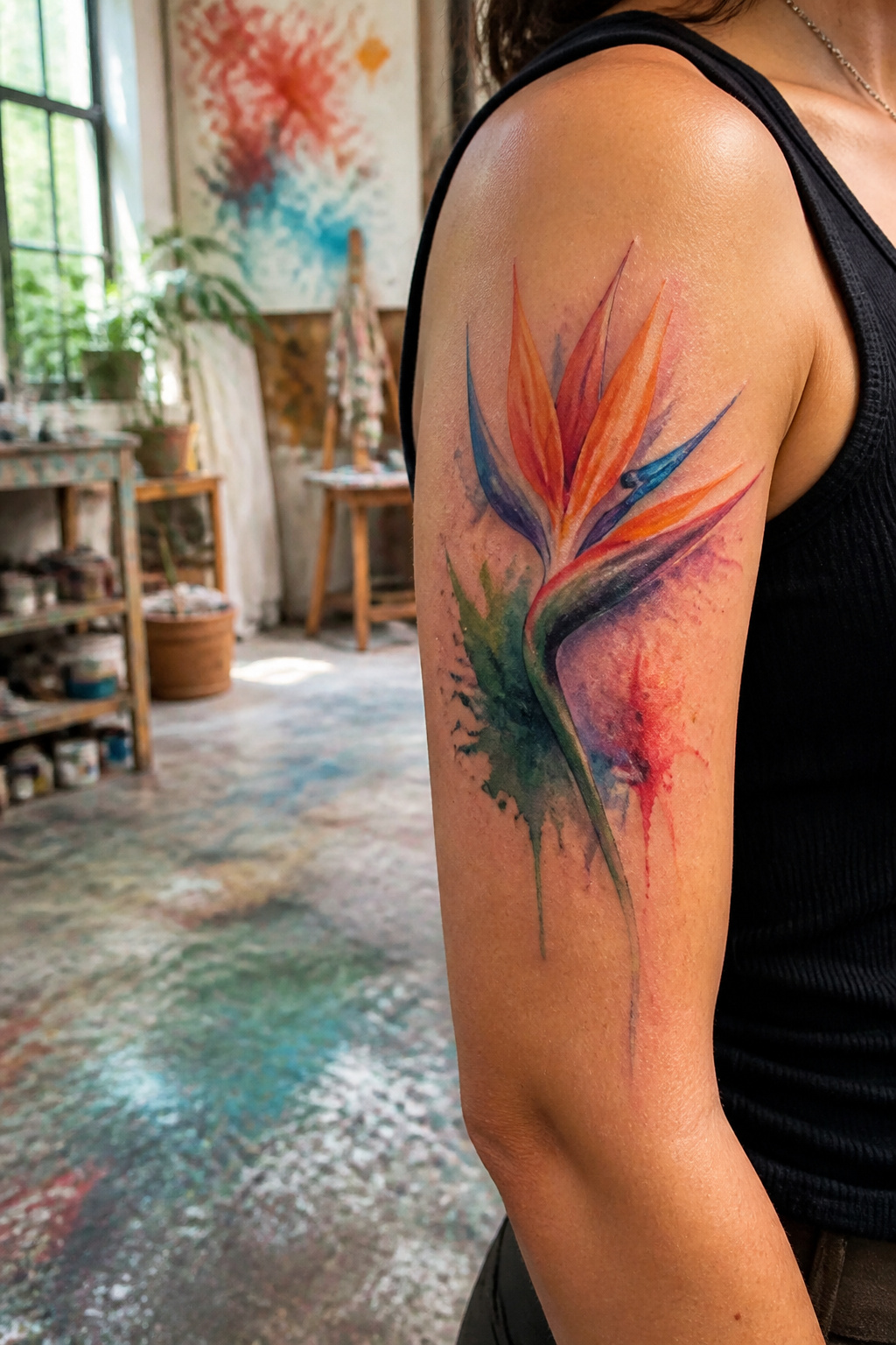 Bird of Paradise Tattoo: Meaning, Styles and Placement 11 Vibrant watercolor tattoo of a bird of paradise on an upper arm.