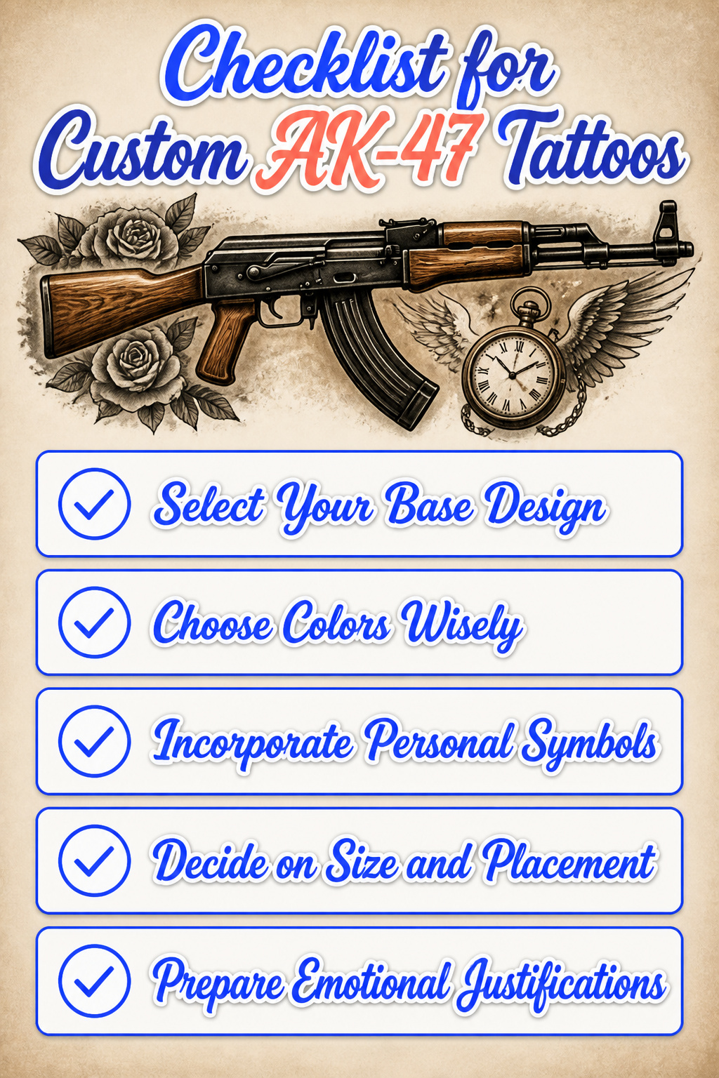 Checklist for customizing AK-47 tattoos.