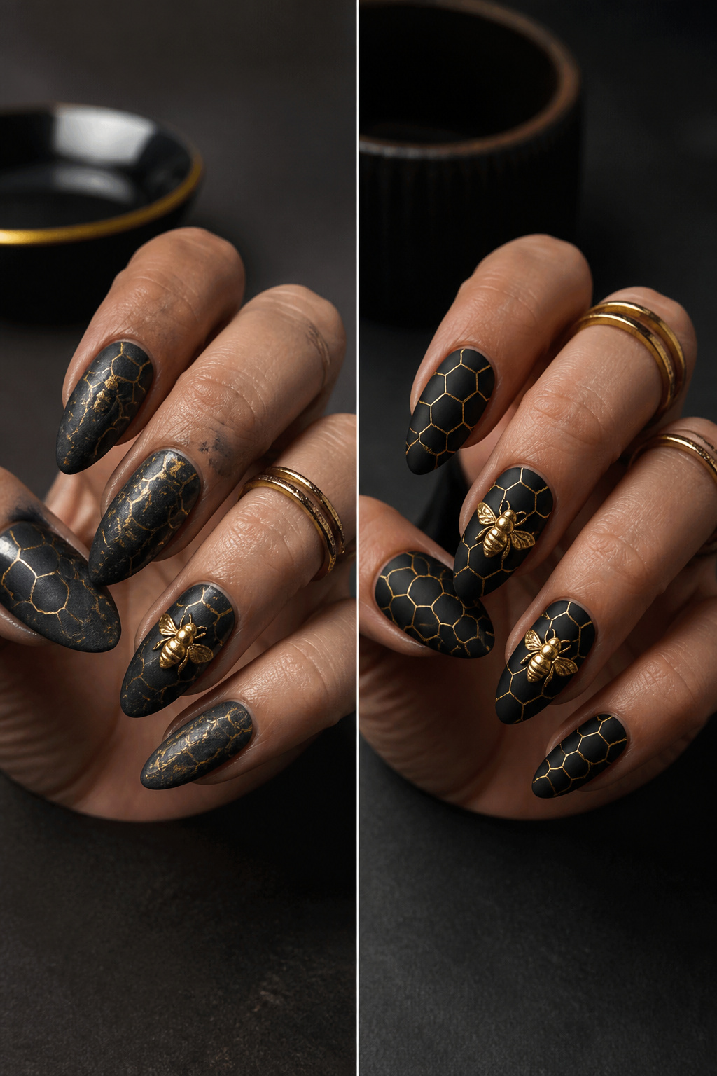 Nails with angular black honeycomb patterns and golden bees.