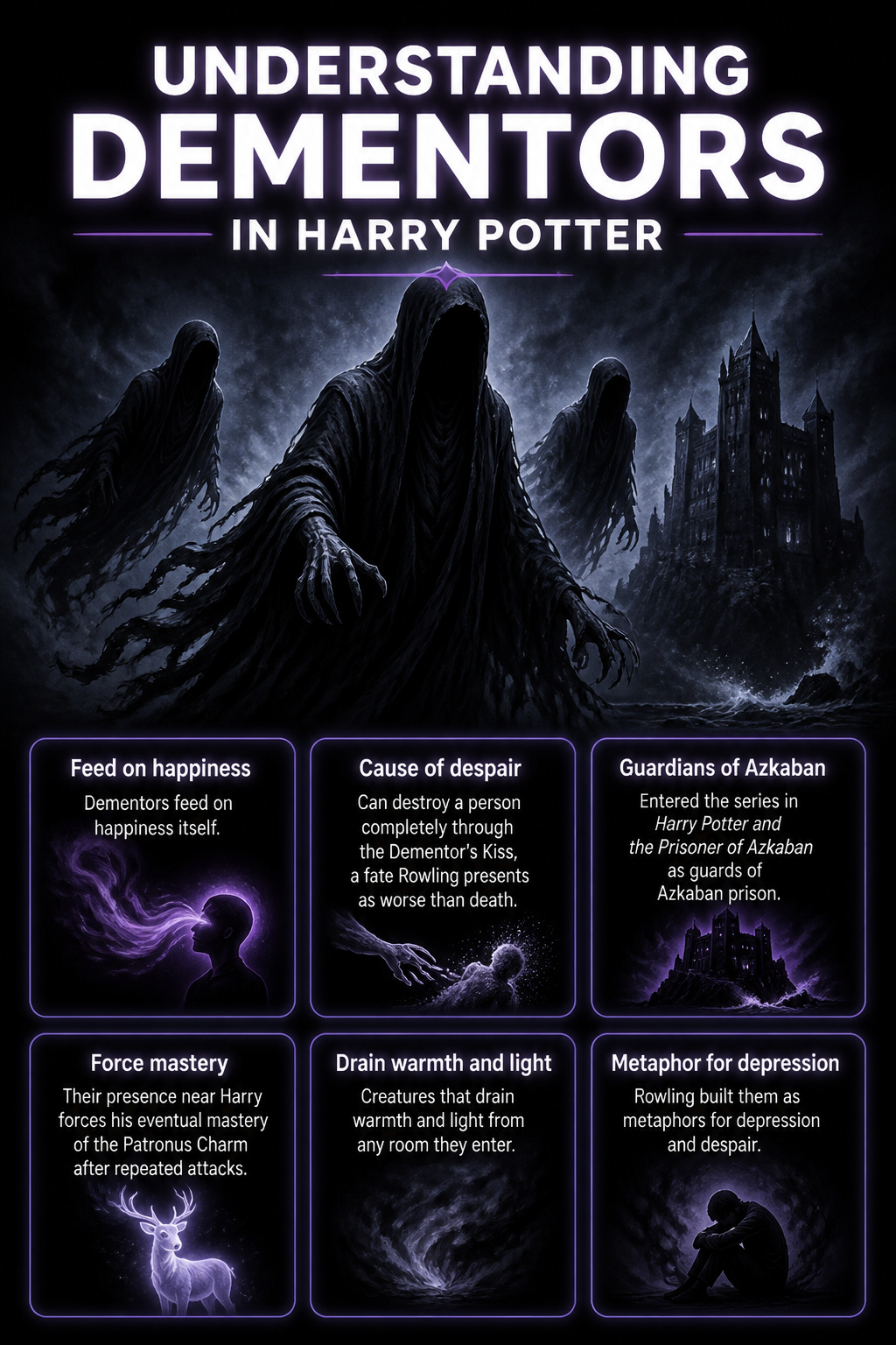 Graphic detailing the characteristics of Dementors in Harry Potter.
