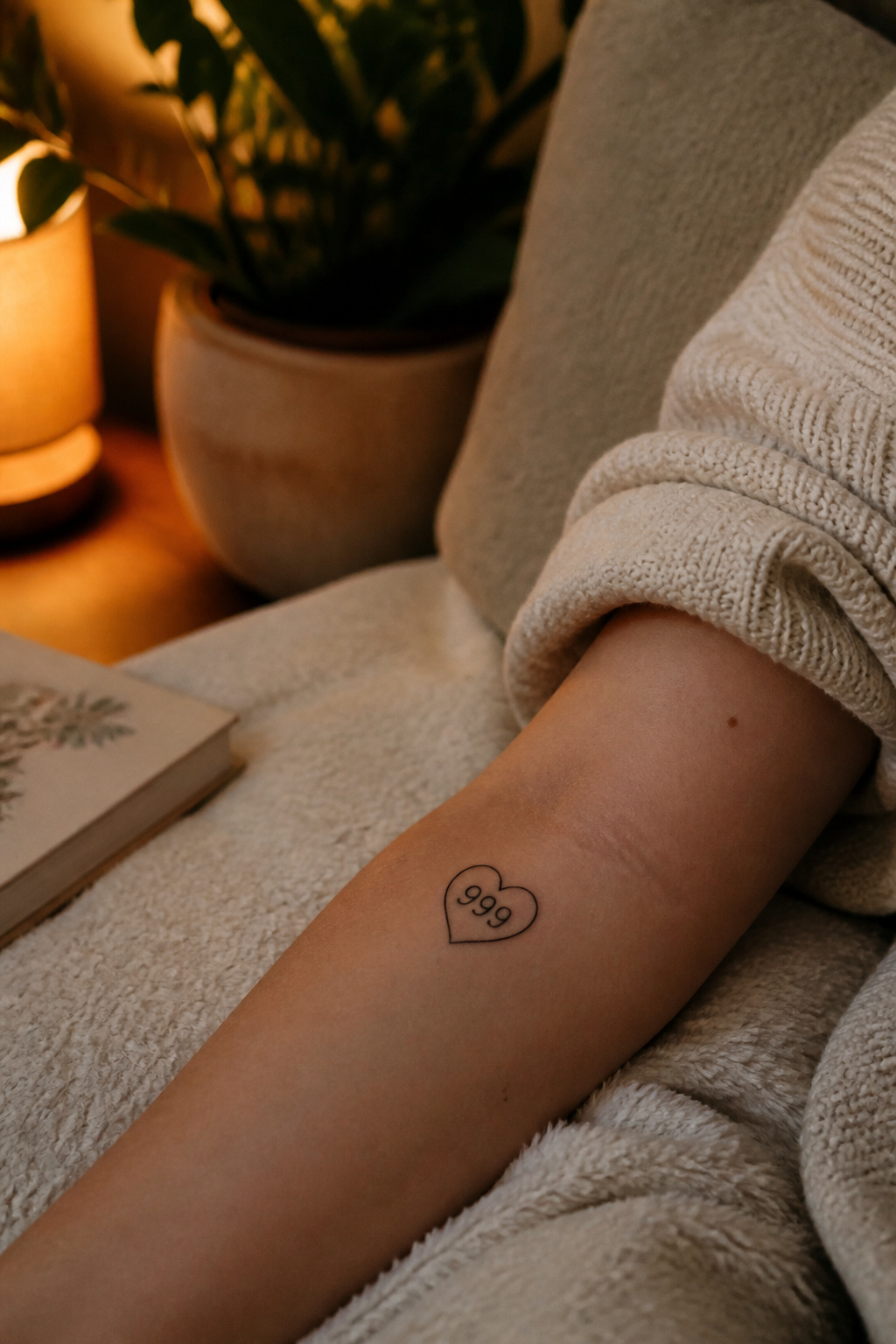 A 999 tattoo nestled within a heart design on an arm.