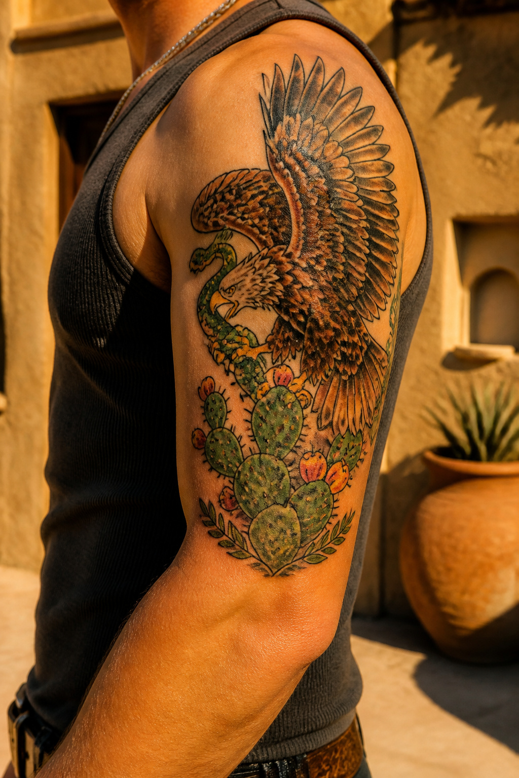 Eagle Tattoo Ideas for Men and Women: Designs and Styles 11 Mexican eagle tattoo featuring serpent on cactus.