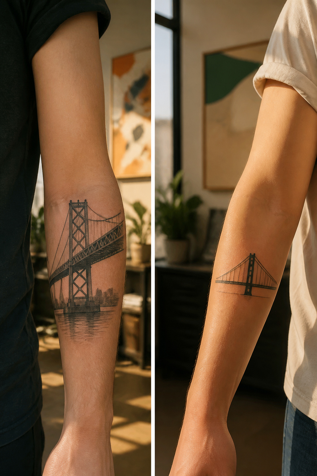 Realistic tattoo of the Bay Bridge highlighting detailed architecture.