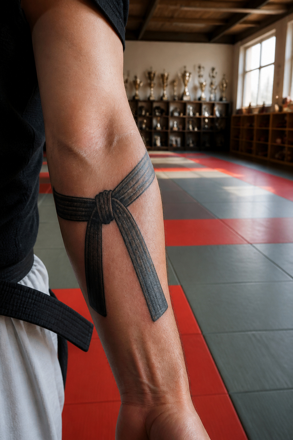 Martial Arts Tattoo Ideas: Karate Symbols, Black Belts and Personal Meaning 11 Close-up of a Shodan black belt tattoo on the forearm.