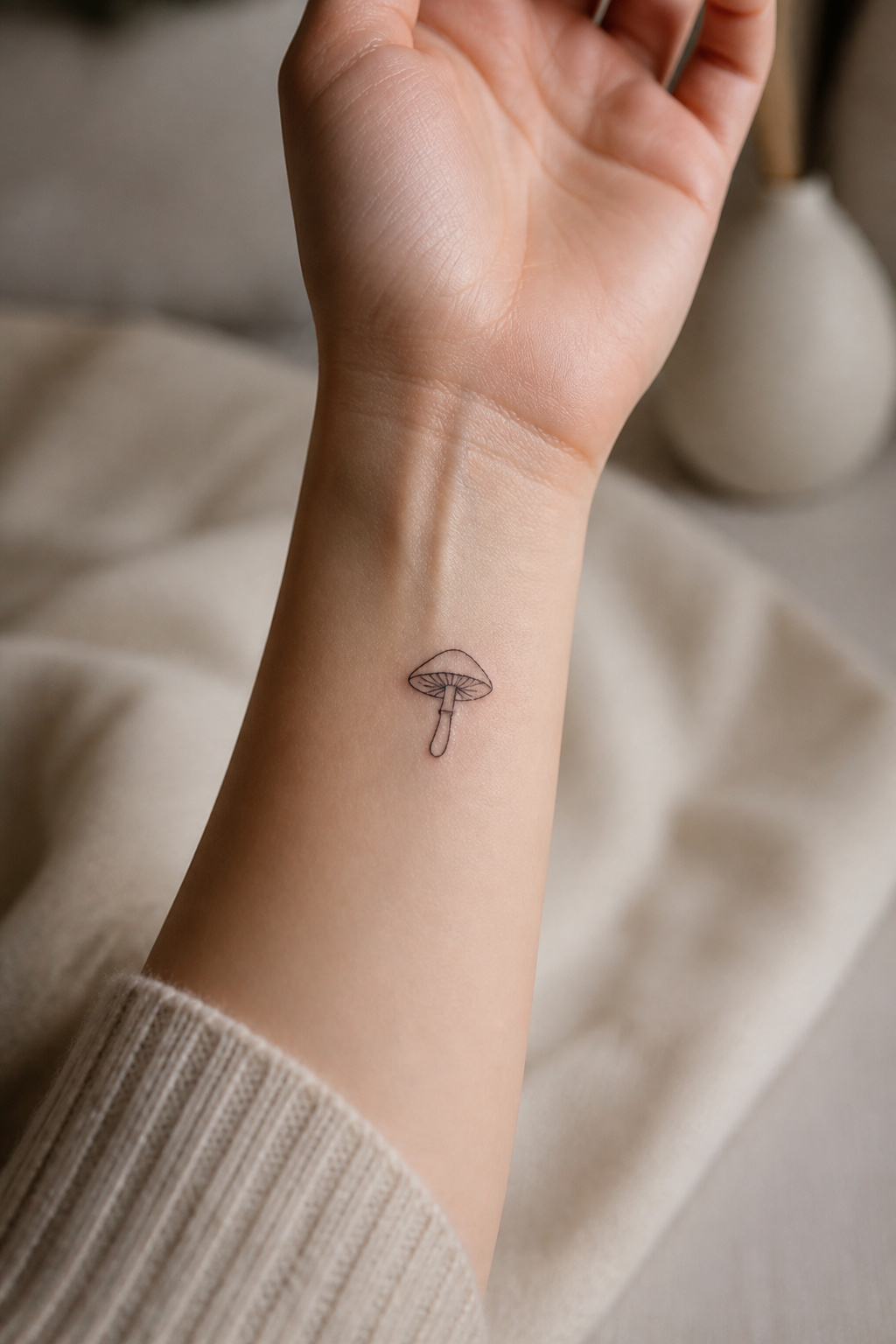 Minimalist mushroom tattoo outlined in a single continuous stroke.