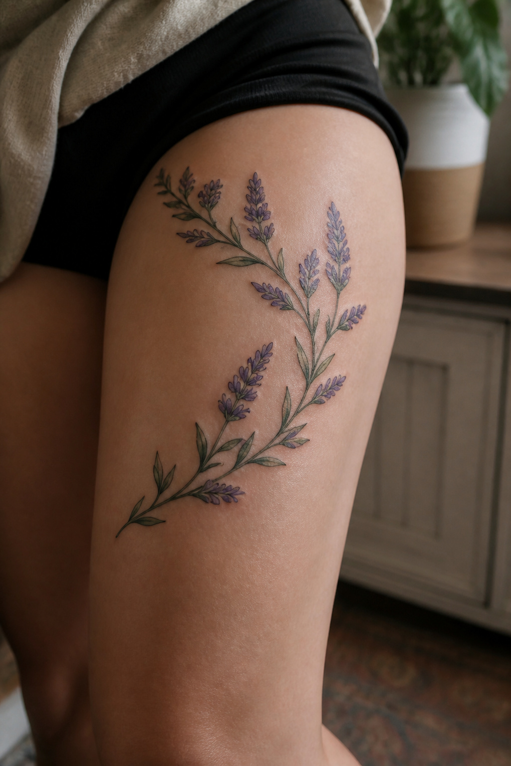 A lavender flower vine tattoo wrapping around a thigh.