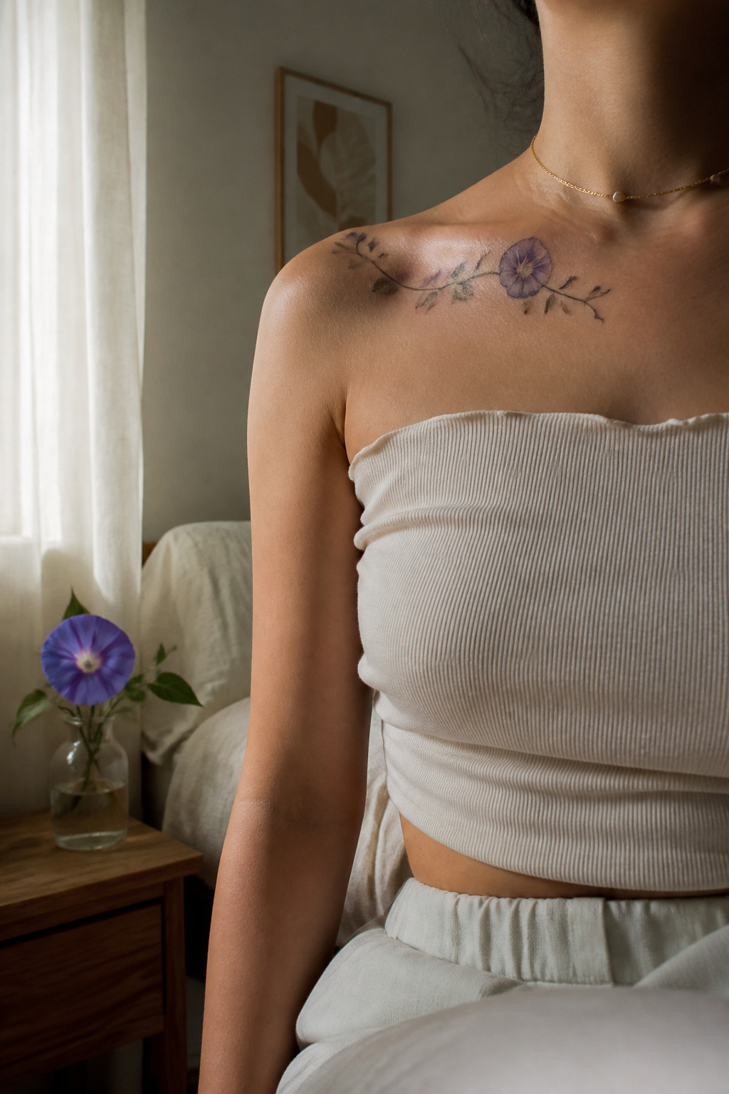 25 Morning Glory Tattoo Ideas for 2026 11 Tattoo of morning glory outline on clavicle.