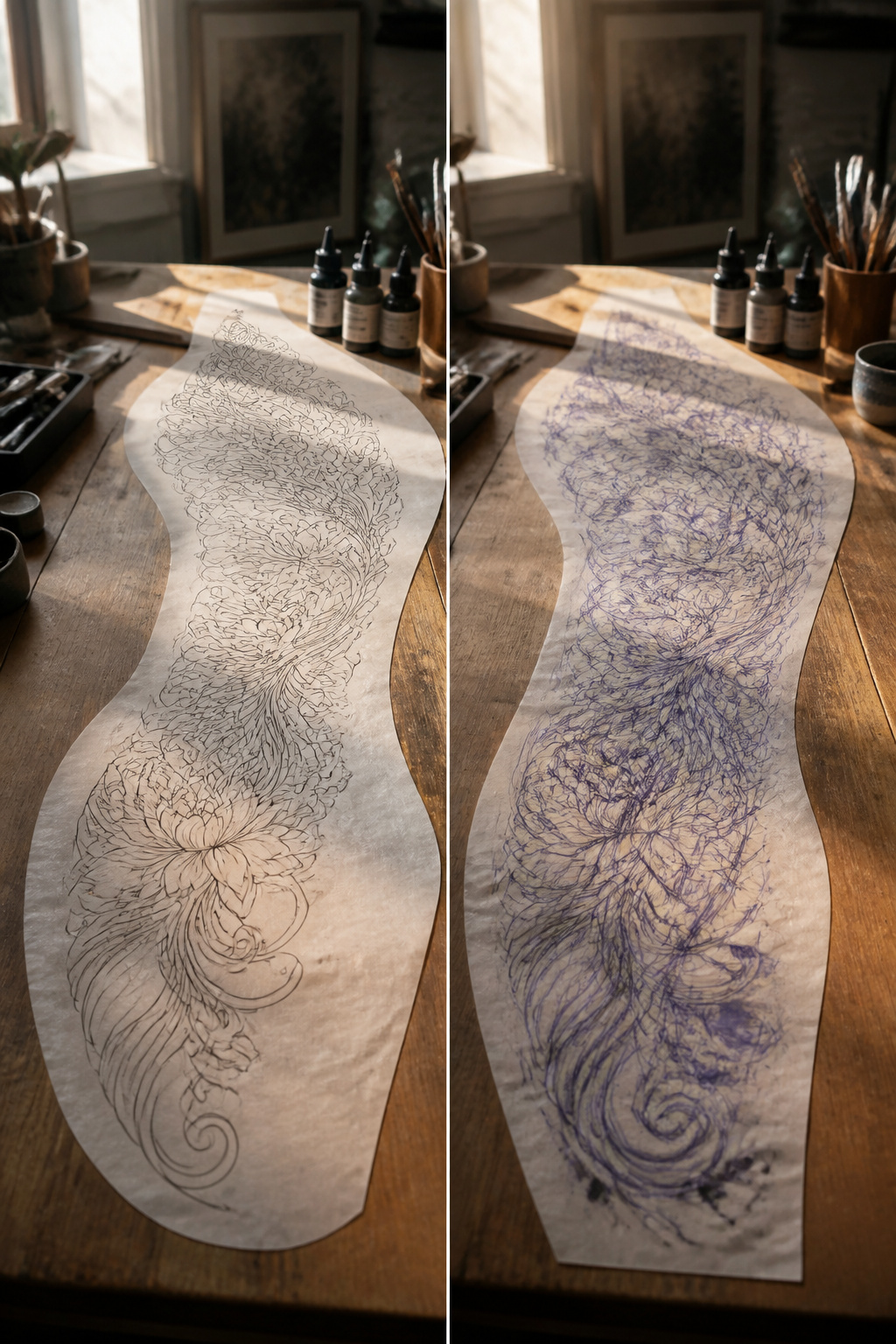 9 Above Knee Tattoo Styles for 2026: From Butterflies to Tribal 11 Diagram showing design flow on a curved thigh.