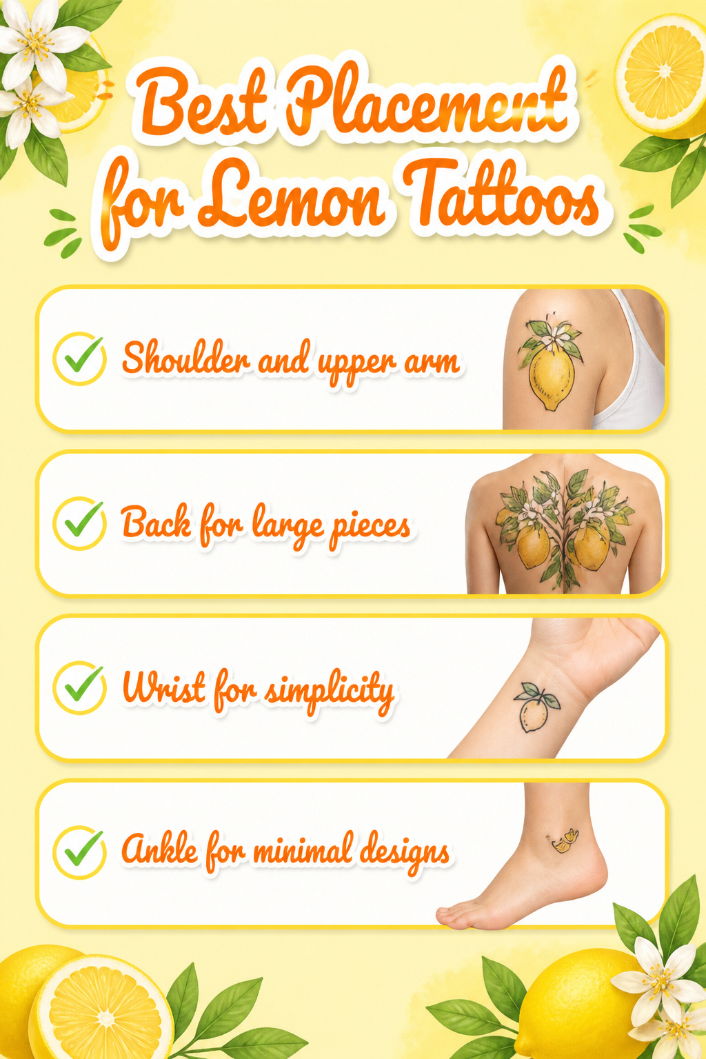Lemon Tattoo Designs, Meanings, Styles & 2026 Placement Guide 11 An illustration showing the best placements for lemon tattoos on the body.