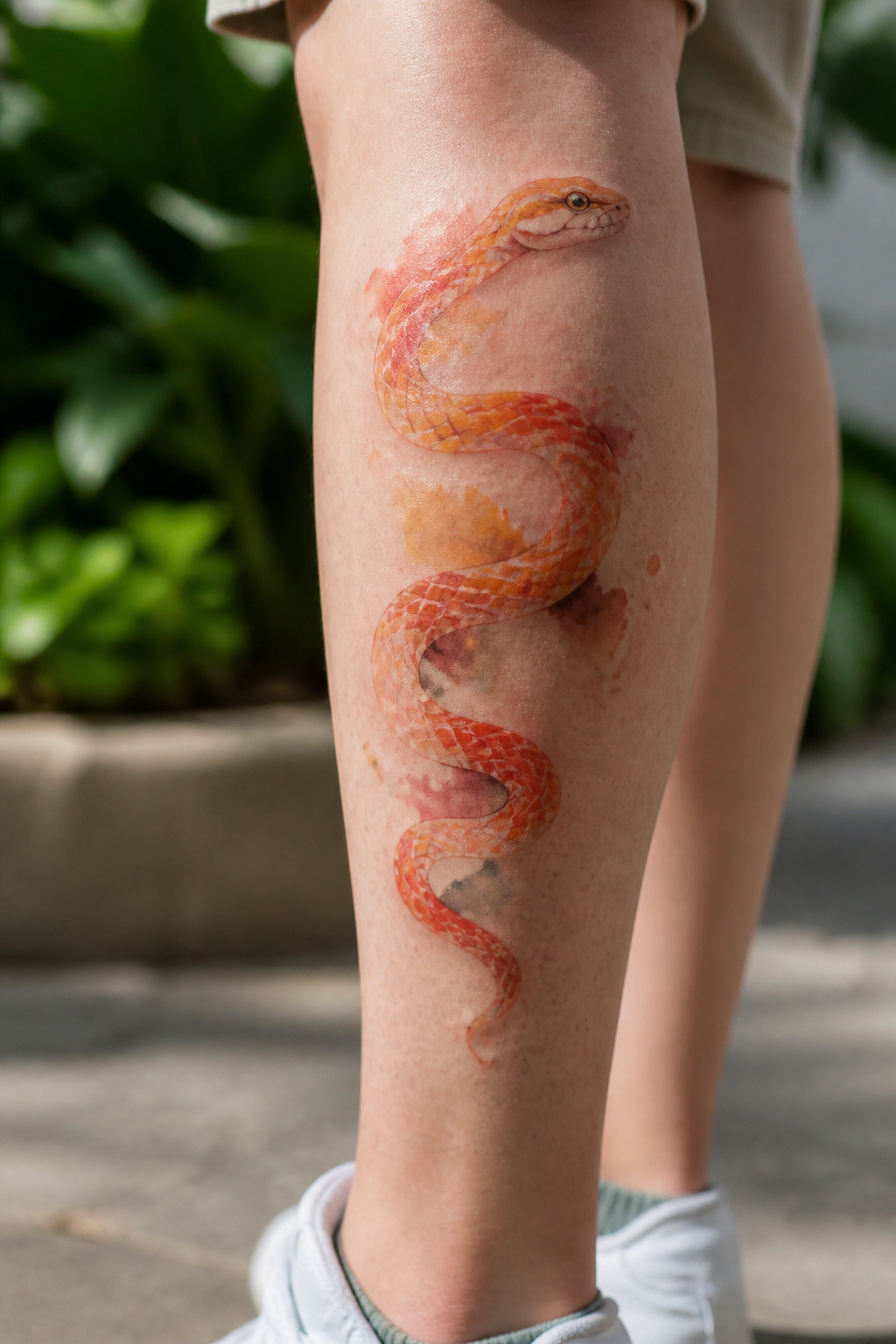 Watercolor-style corn snake tattoo.