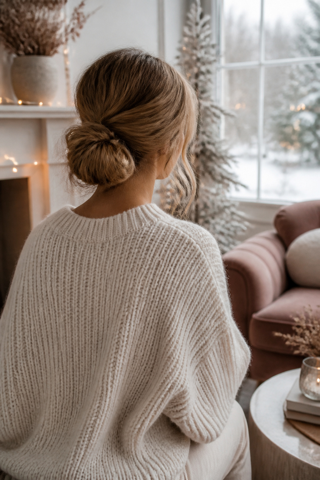 20 Fantastic Winter Hair Designs for 2026 12 Model with a loose low bun and wispy face-framing pieces.