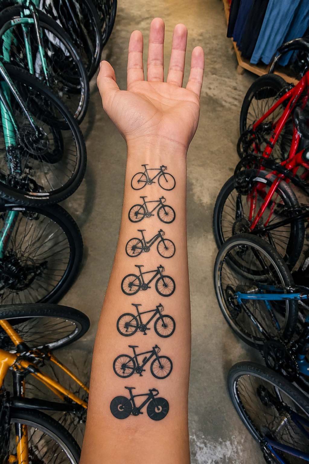 Bike Life Tattoo Ideas: 37 Designs for Cyclists in 2026 12 Tattoo of multiple bike silhouettes in a row.