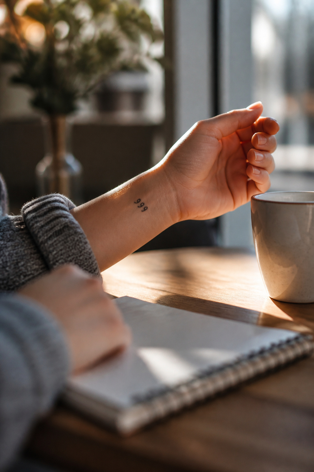 A small and simple 999 tattoo on a person's hand joint.