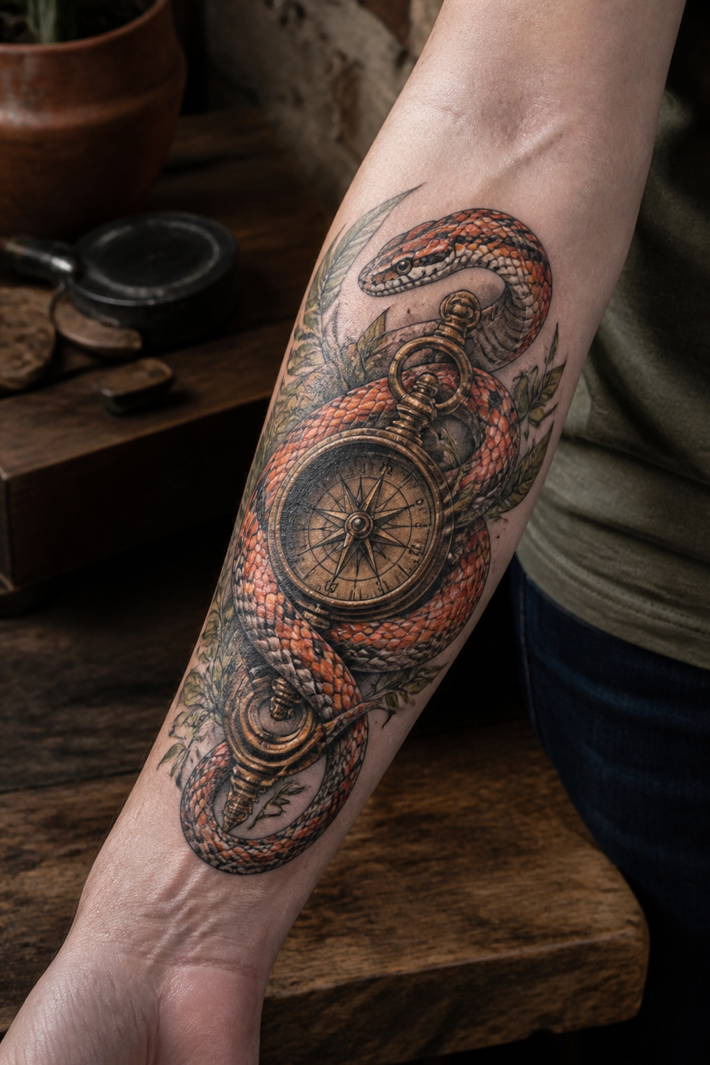 Corn snake entwined with a compass tattoo.