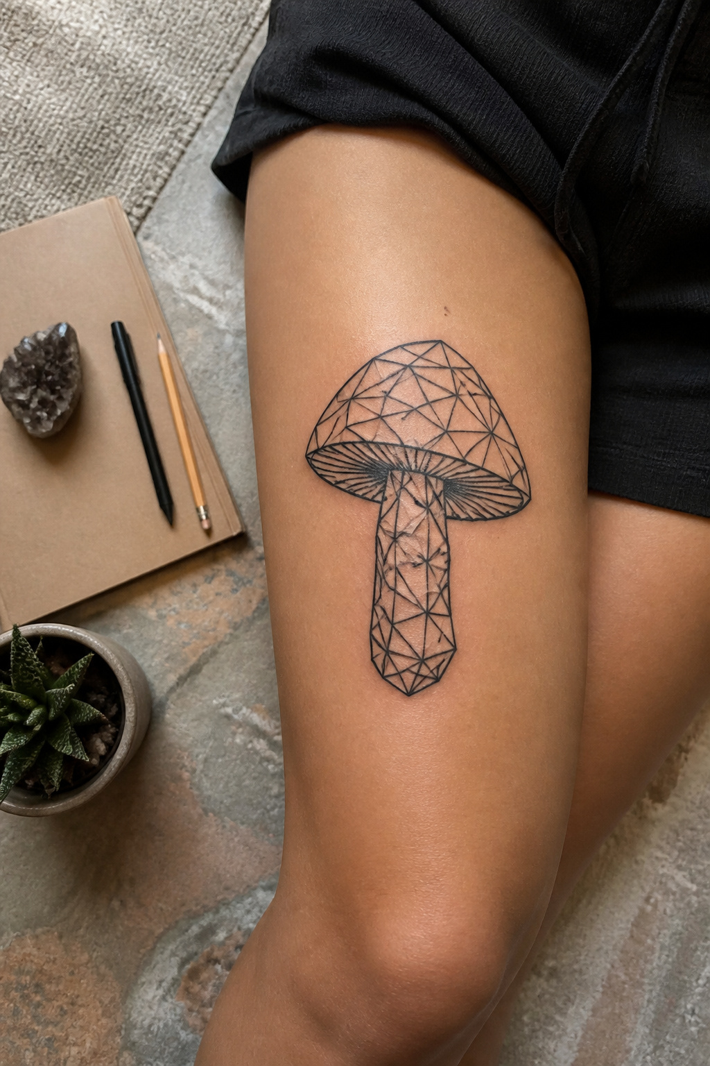 Geometric mushroom tattoo with interlocking triangles.