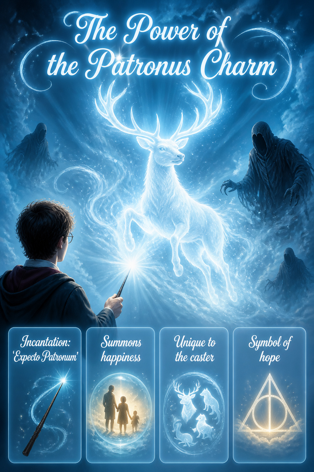 Visual explaining the Patronus charm in Harry Potter.