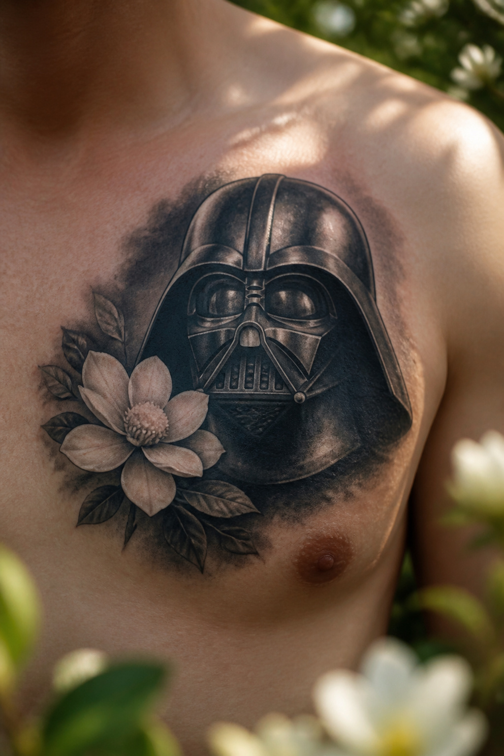 Tattoo of Darth Vader's mask alongside a flower.