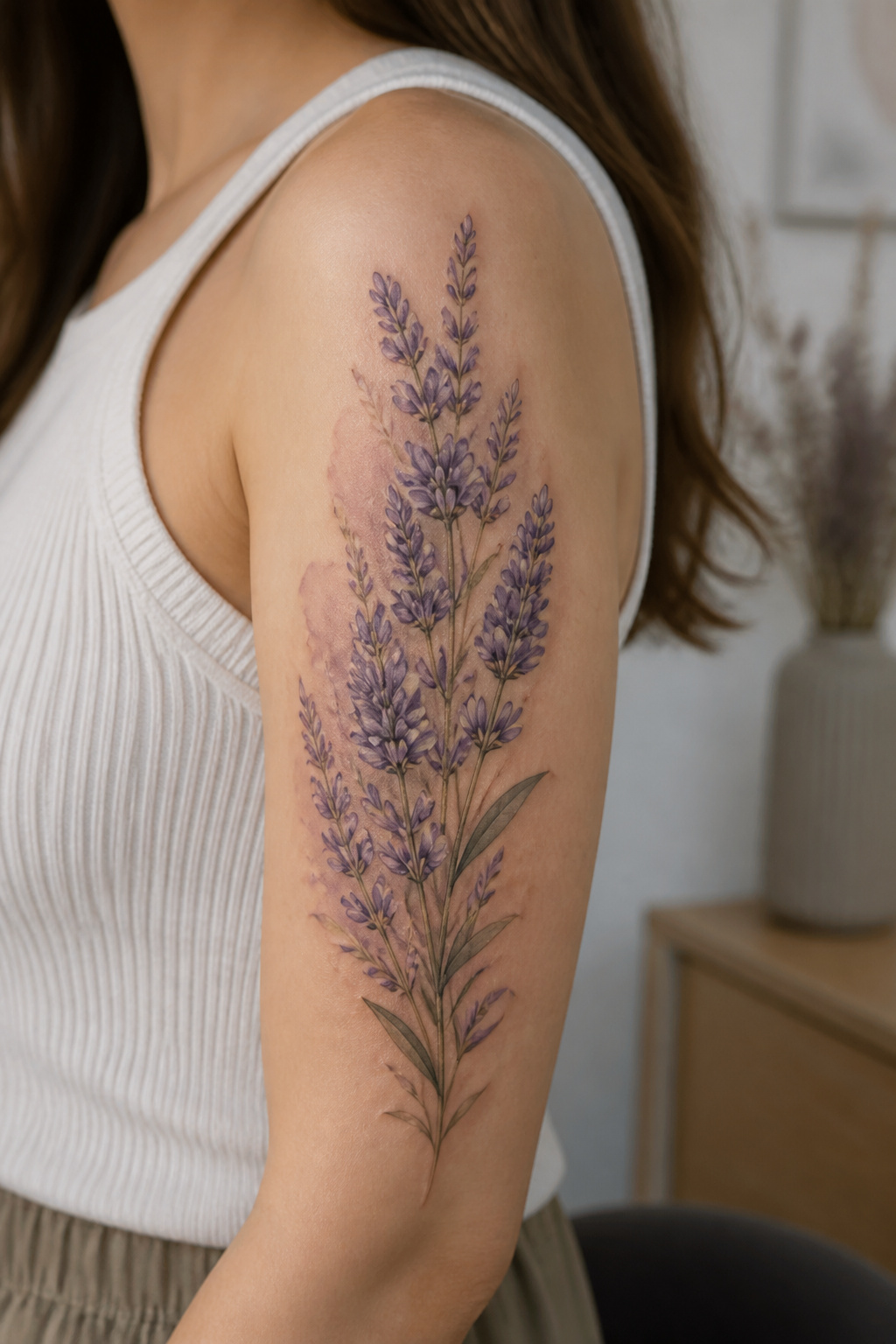 A cluster of lavender flowers tattoo on an upper arm.