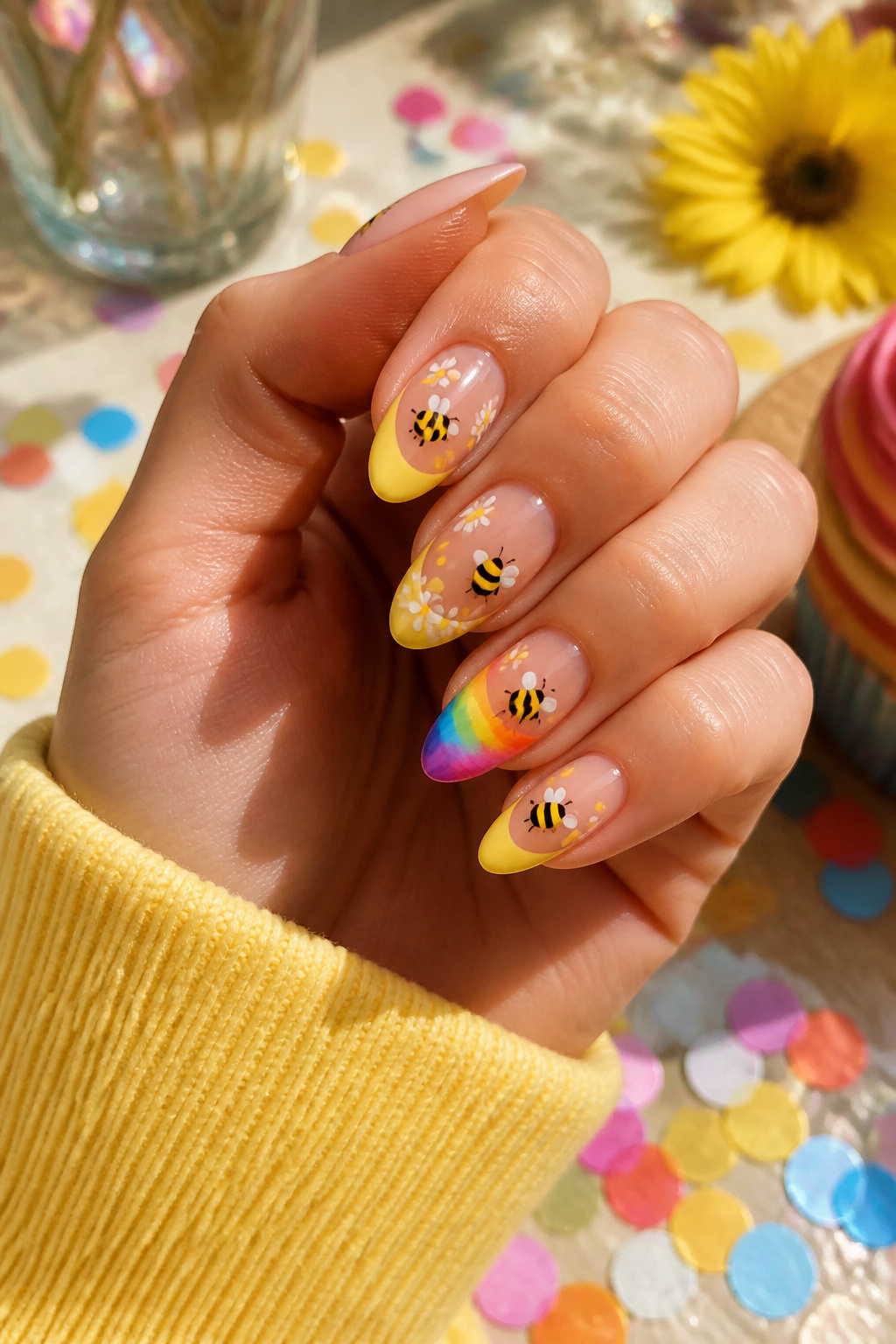 Nails with rainbow tips and tiny bees on a nude base.