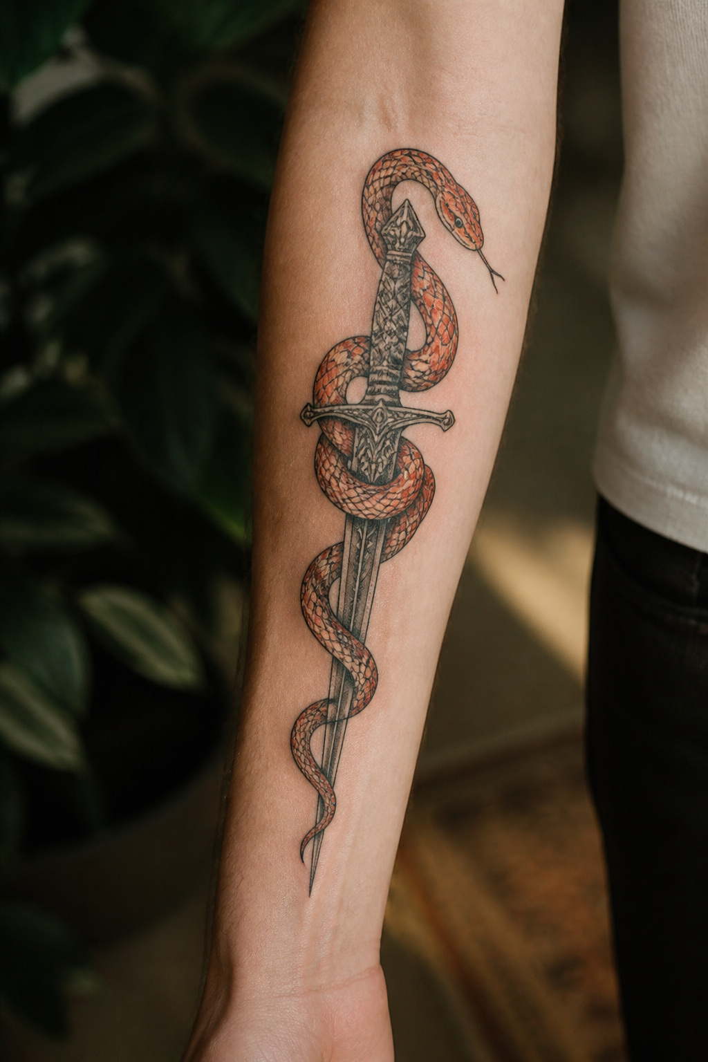 Corn snake coiling around a dagger tattoo.