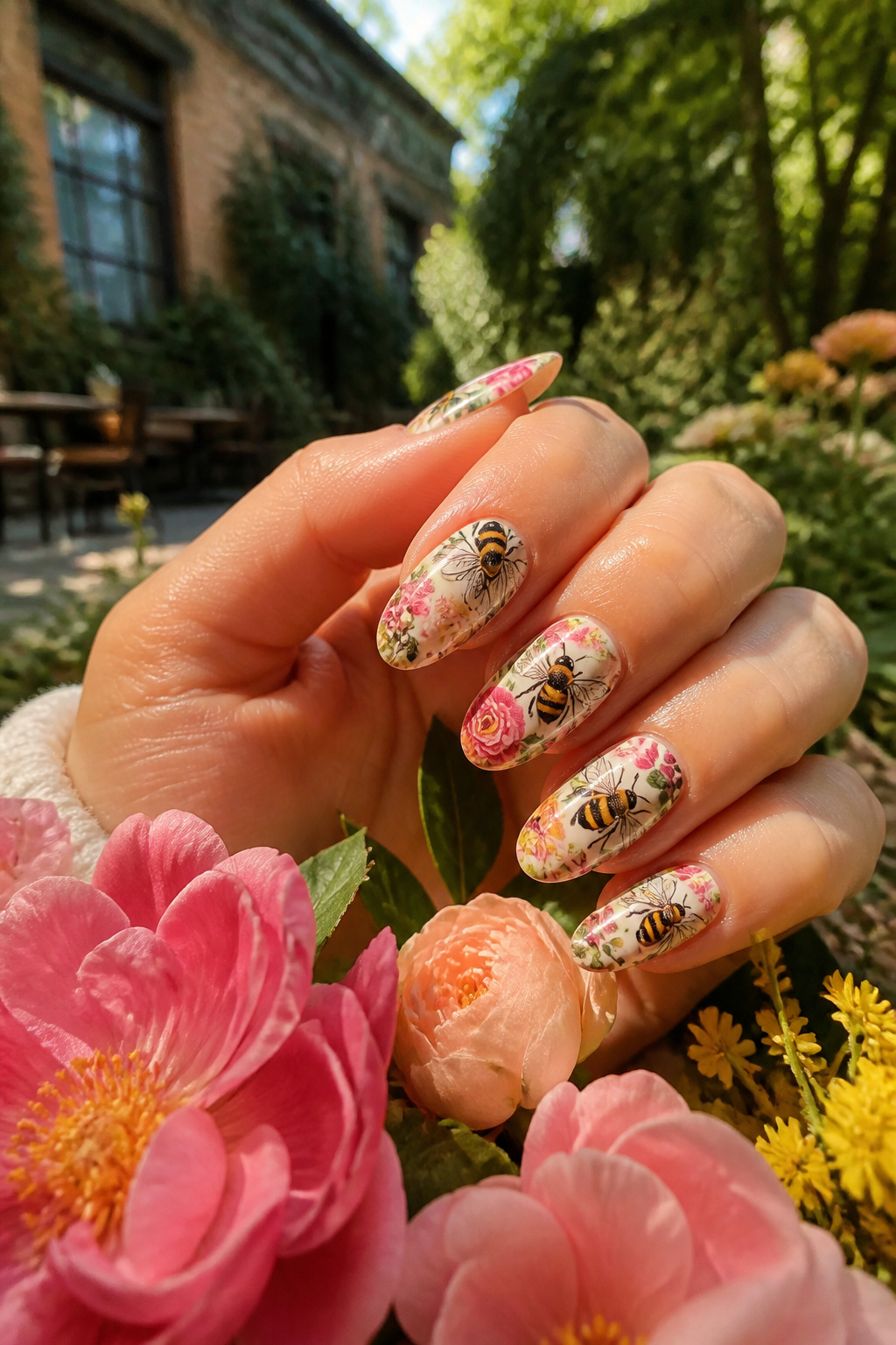 Nails covered in floral designs with bees integrated into the patterns.