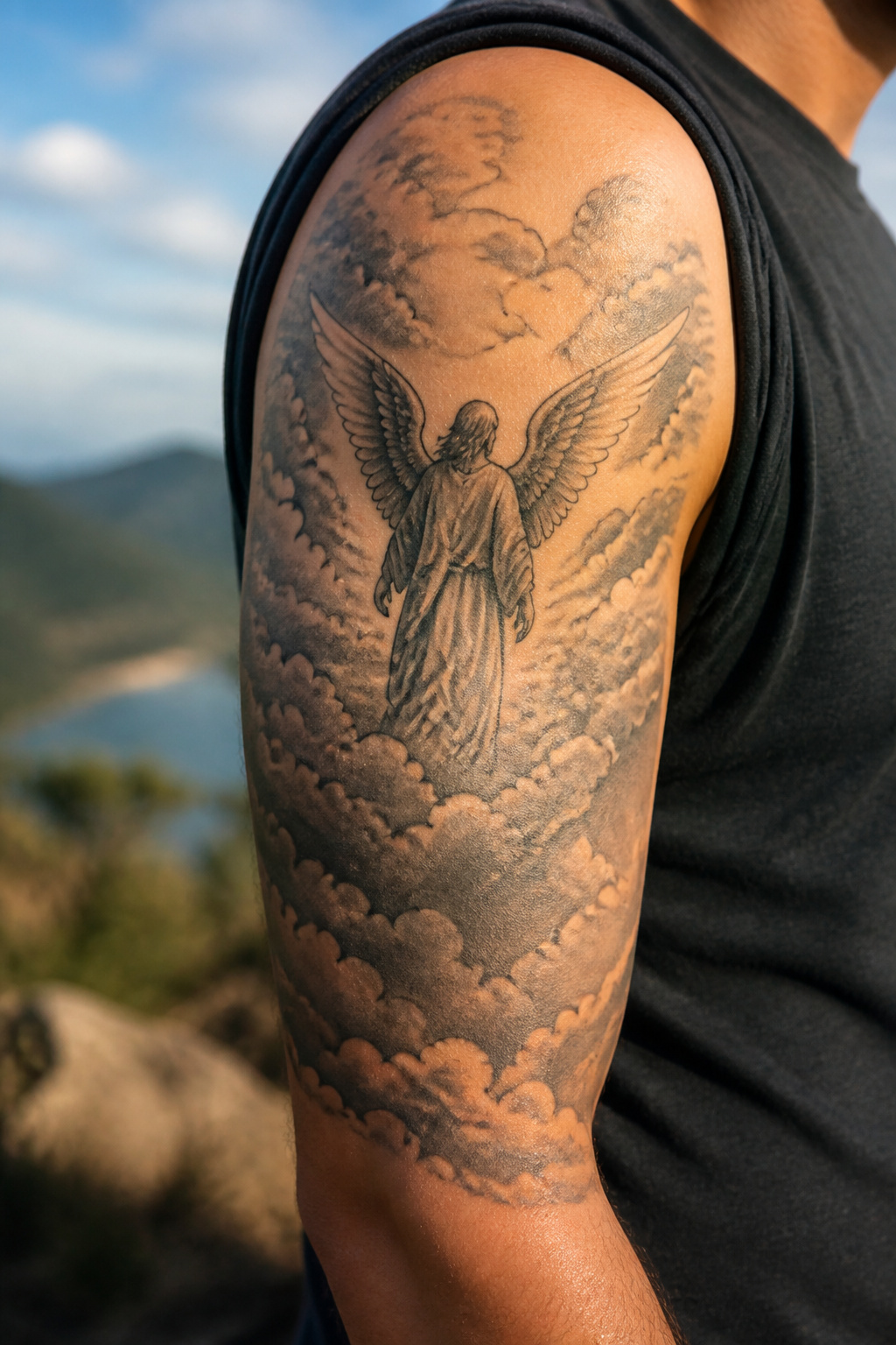 40 Cloud Tattoo Ideas for 2026: Japanese, Storm, Sleeve & More 13 Tattoo of an angel surrounded by clouds.