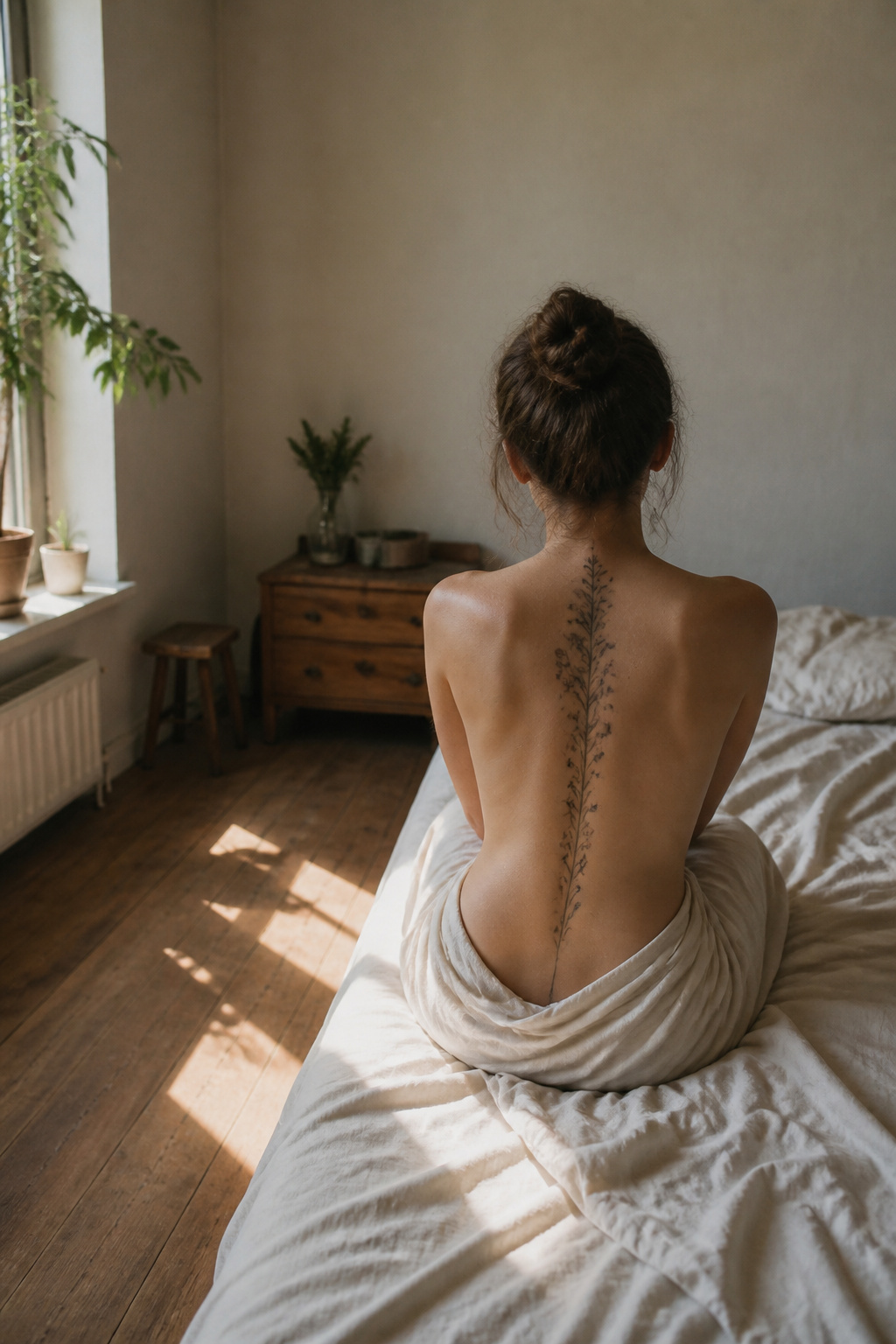 A lavender vine tattoo across the back.