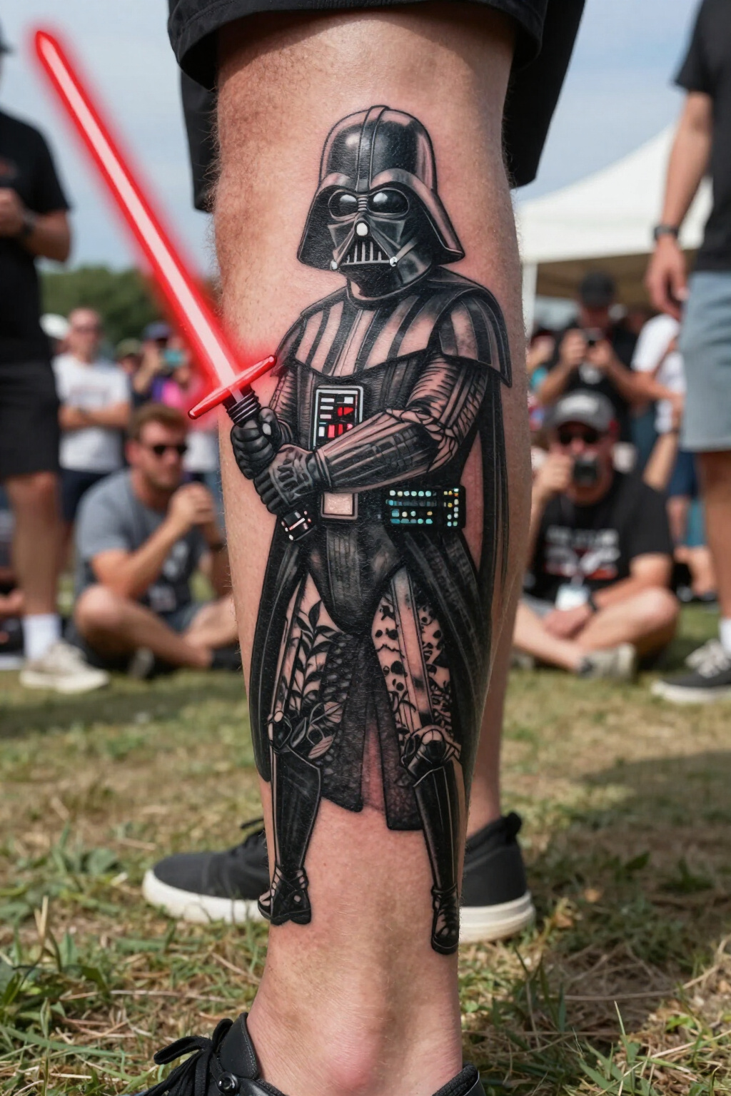Tattoo of Darth Vader in battle stance with lightsaber.