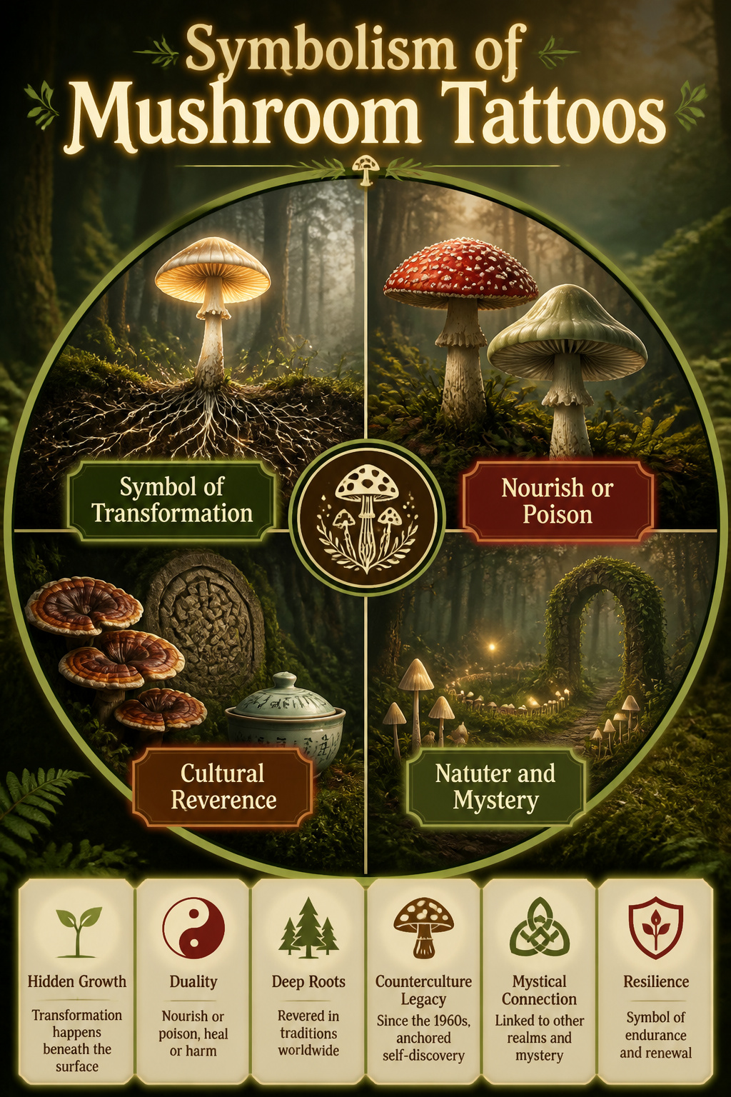 Illustration explaining the symbolism of mushroom tattoos.