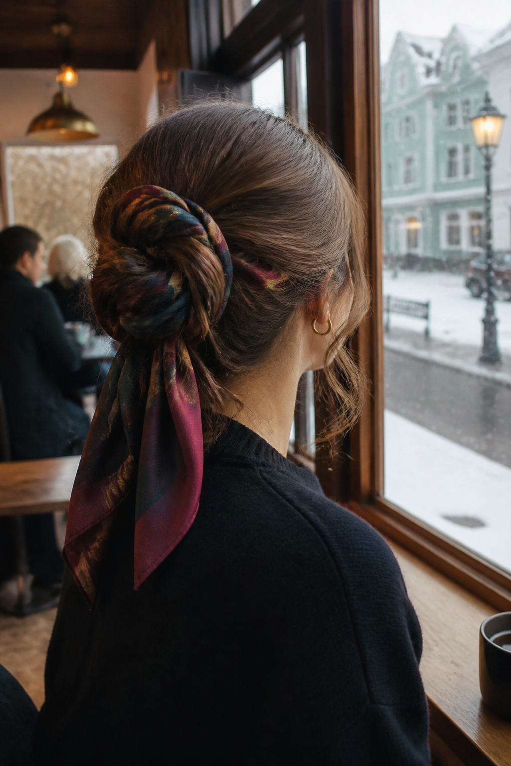 20 Fantastic Winter Hair Designs for 2026 13 Model featuring a stylish knotted scarf incorporated into her updo.