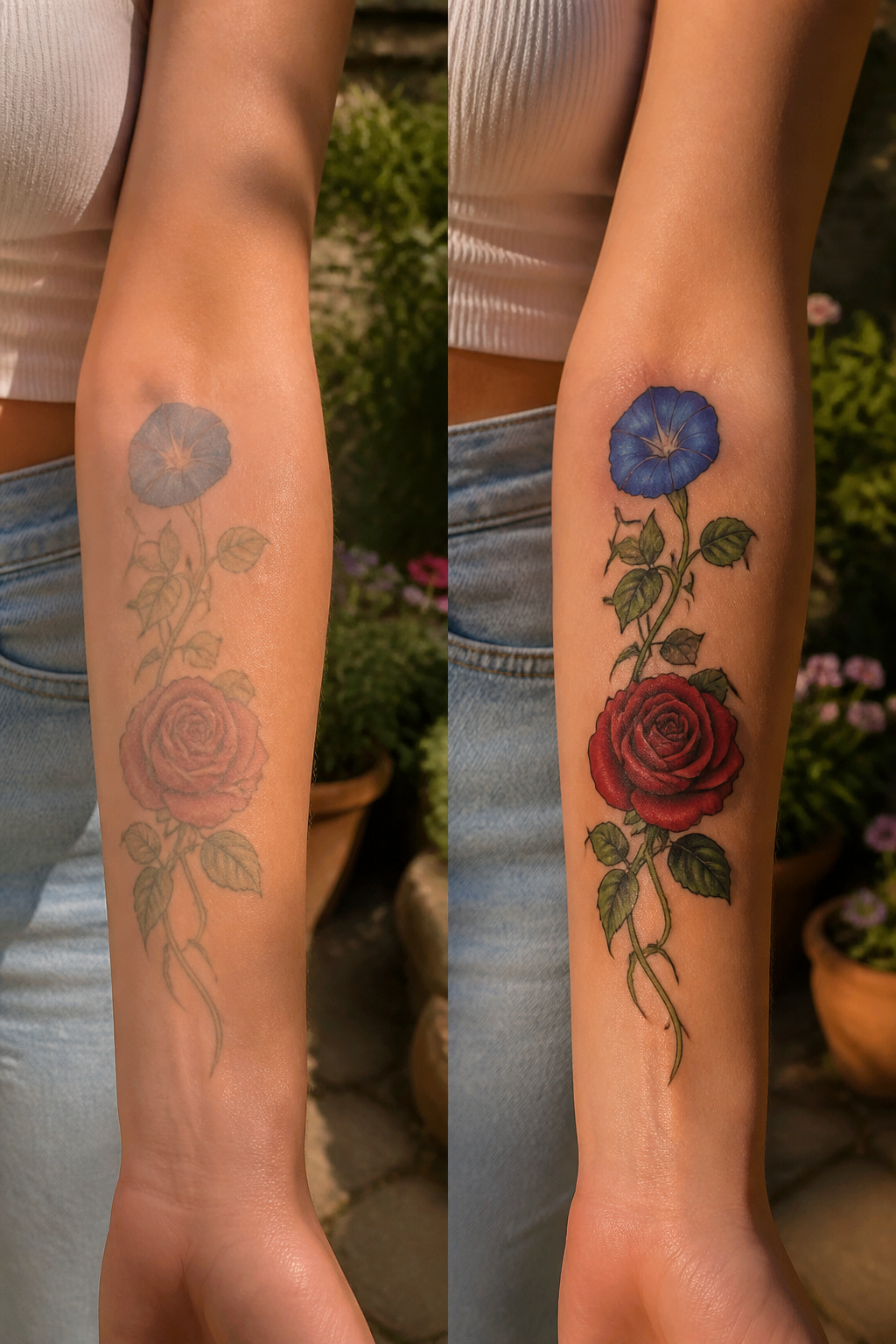 25 Morning Glory Tattoo Ideas for 2026 14 Tattoo of morning glory paired with a rose.