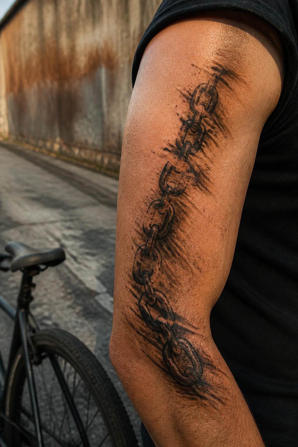 Bike Life Tattoo Ideas: 37 Designs for Cyclists in 2026 14 Tattoo of a smudged bike chain on an upper arm.