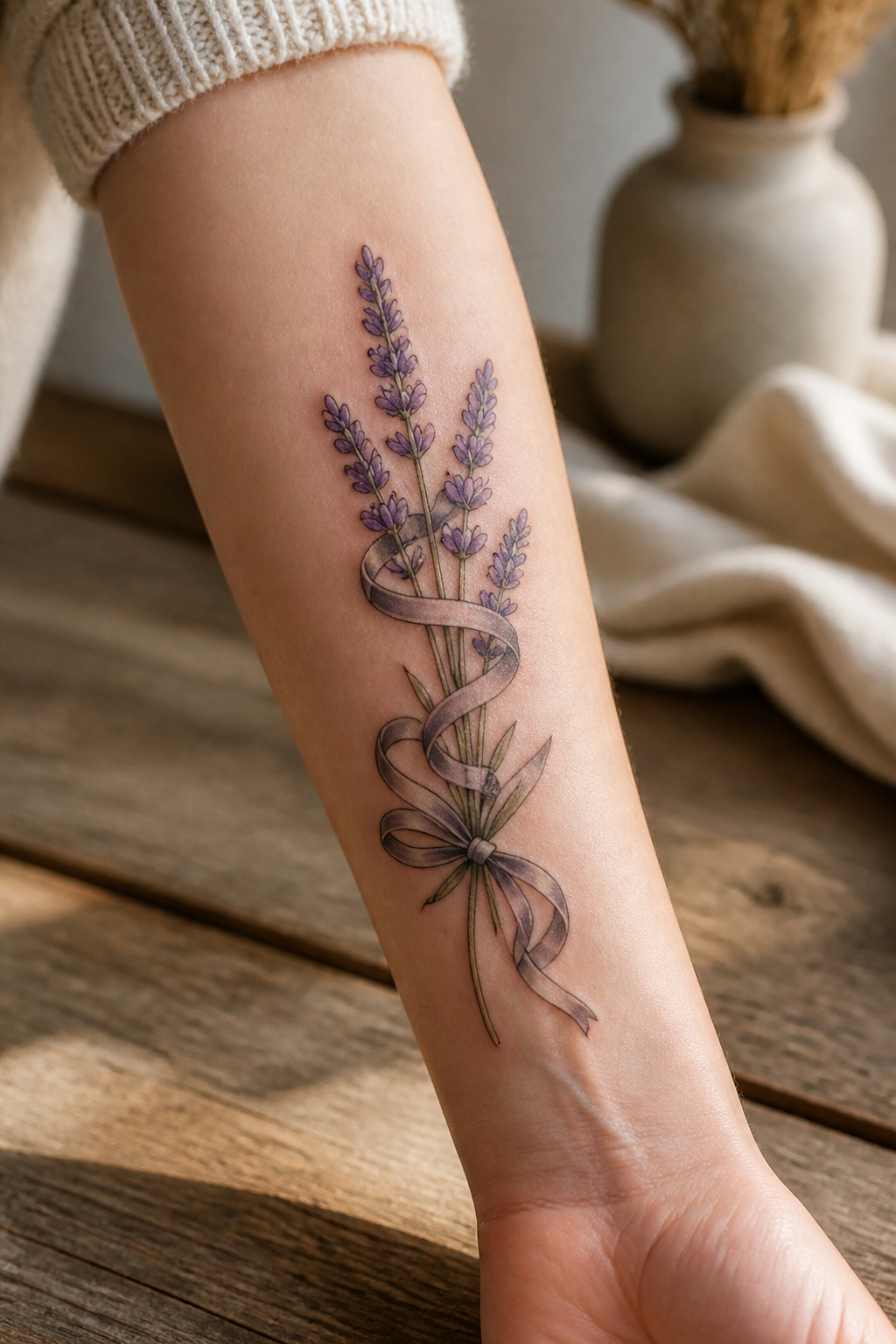 A ribbon and lavender stem tattoo on a forearm.