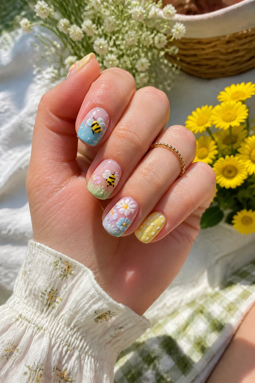 Nails with oversized pastel flowers and playful bees in a whimsical design.