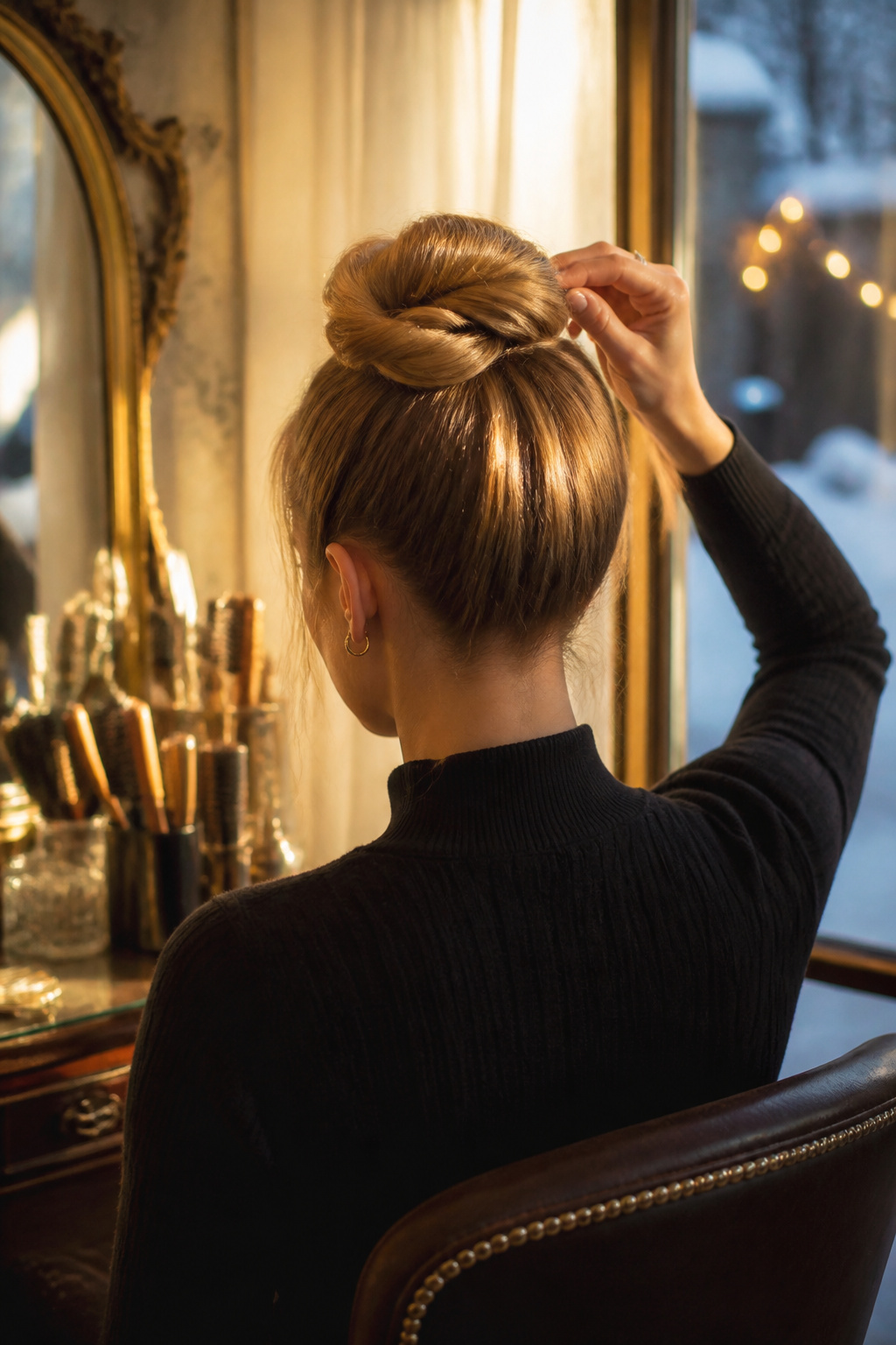 20 Fantastic Winter Hair Designs for 2026 14 Model with a high ponytail twisted into a bun at the crown.