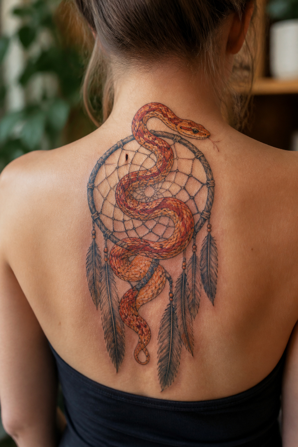 Corn snake threaded through a dreamcatcher tattoo.